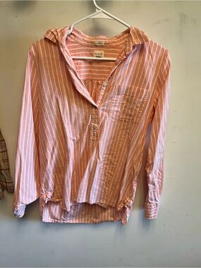 J. Crew Pink and White Striped Hooded Button-Front Shirt